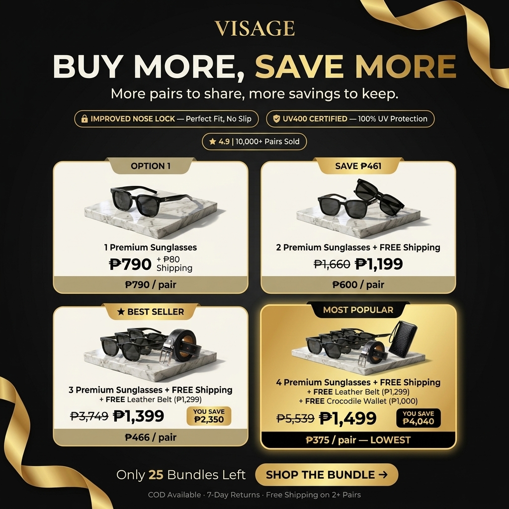 VISAGE Buy More, Save More — 1 pair ₱790, 2 pairs ₱1,199, 3 pairs + FREE belt ₱1,399, 4 pairs + FREE belt and wallet ₱1,499